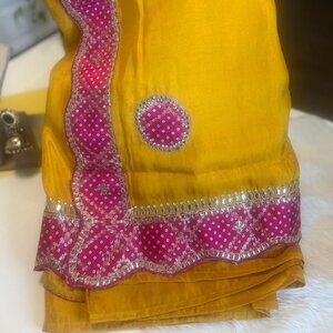Mustard Yellow Saree with Pink Bandhani Print Border | Gota Patti Work